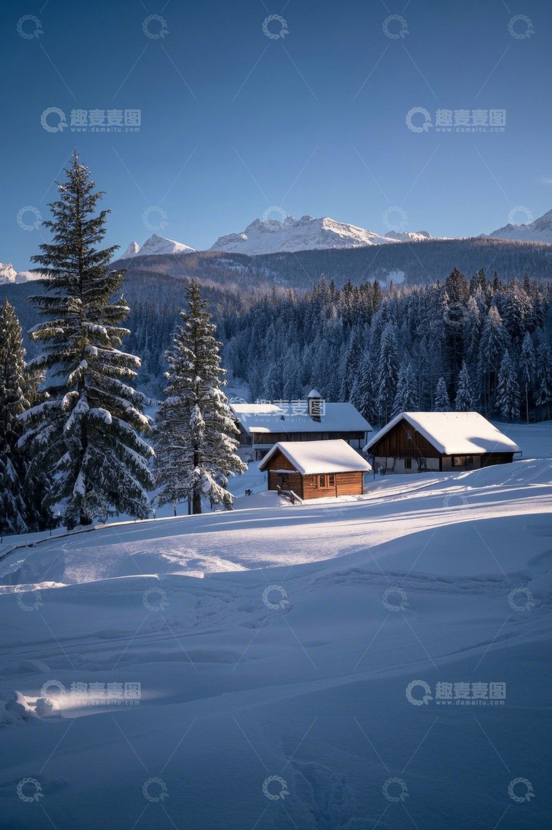 高清大图下载【趣麦麦图】雪后山林中的木屋风光