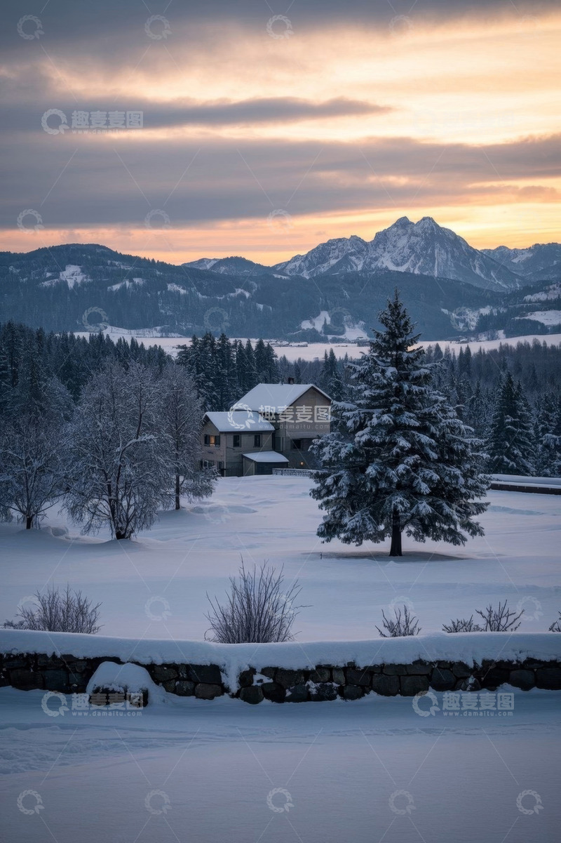 高清大图下载【趣麦麦图】雪后山间小屋与山林景观