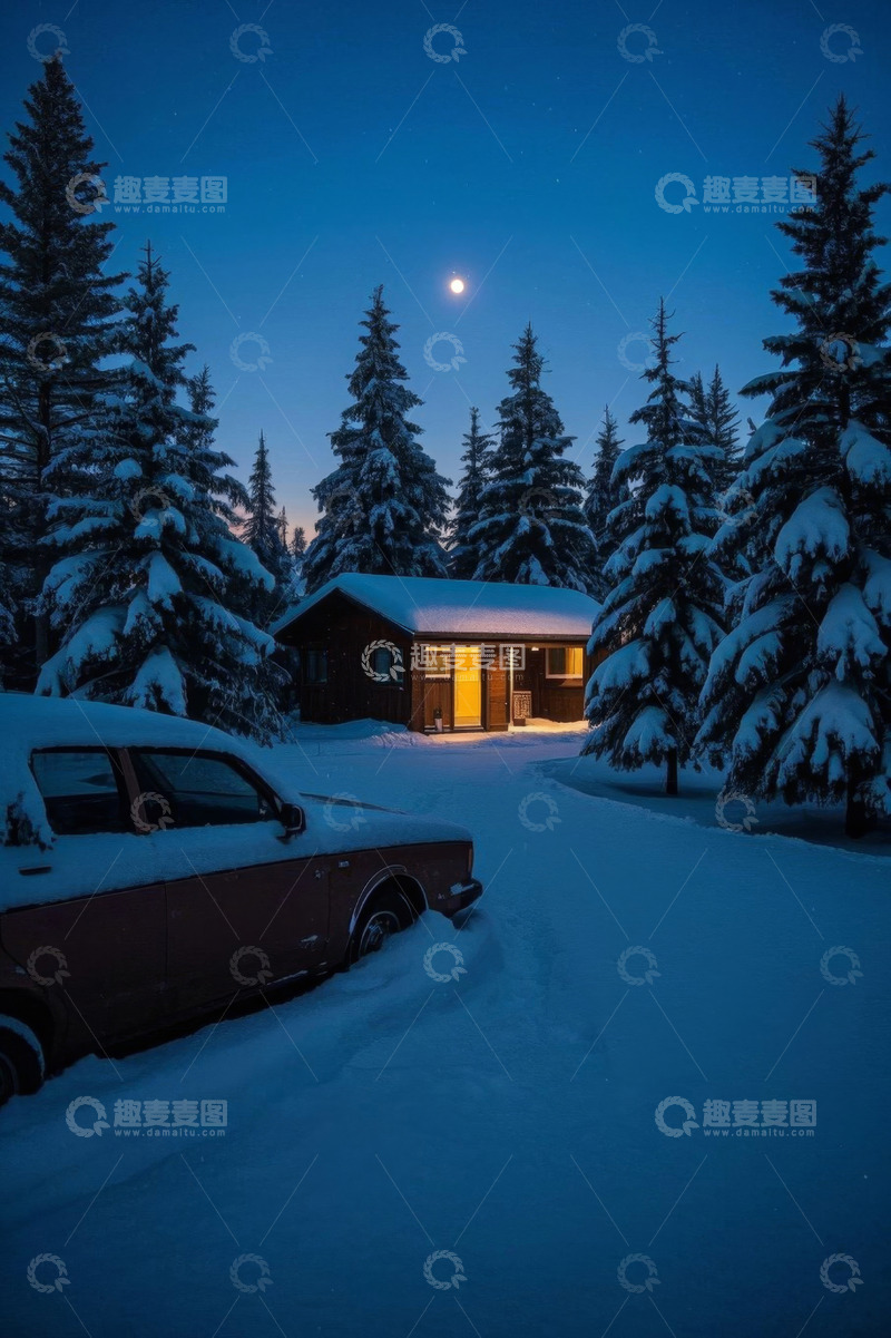 高清大图下载【趣麦麦图】雪夜森林中的小屋与汽车