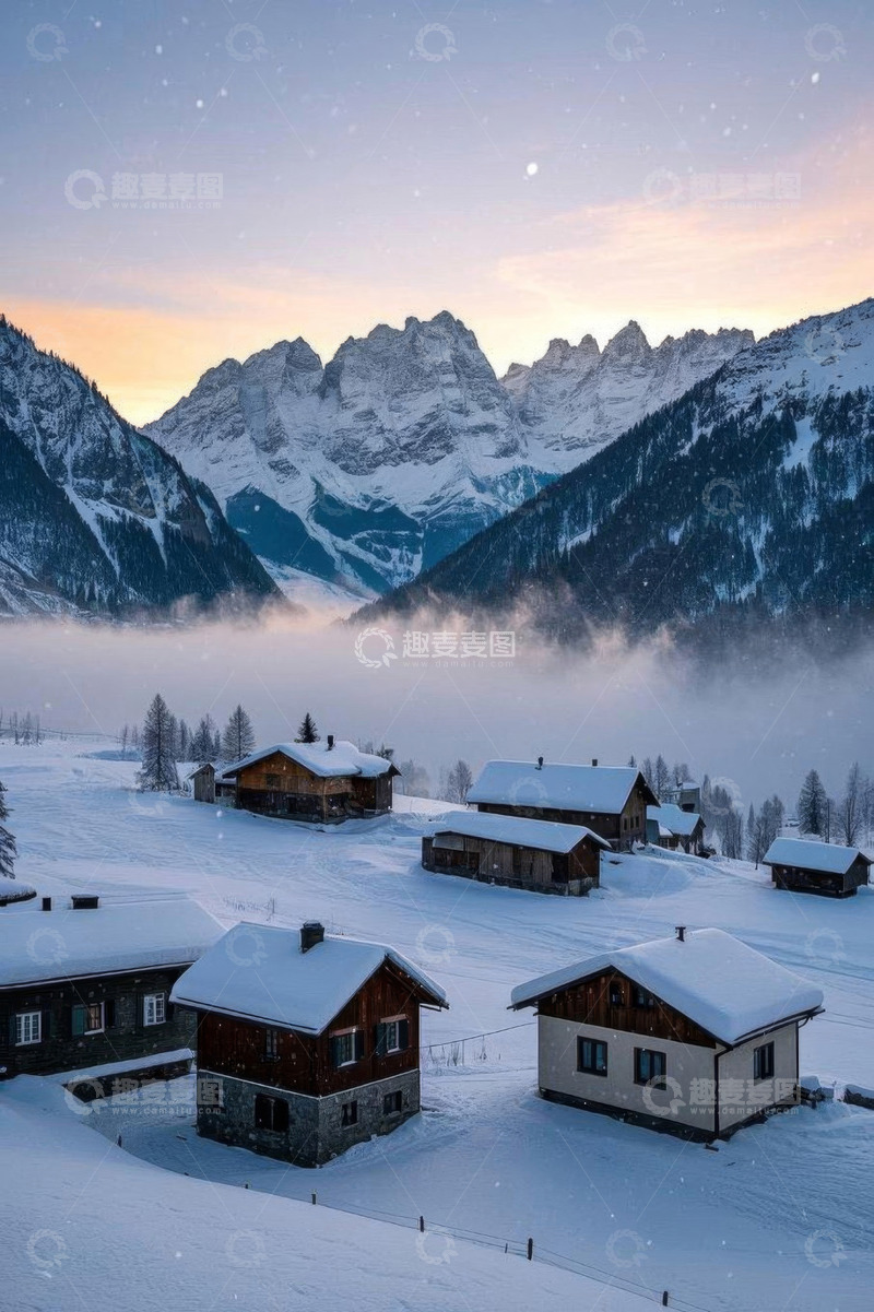 高清大图下载【趣麦麦图】雪山下被积雪覆盖的山间村落