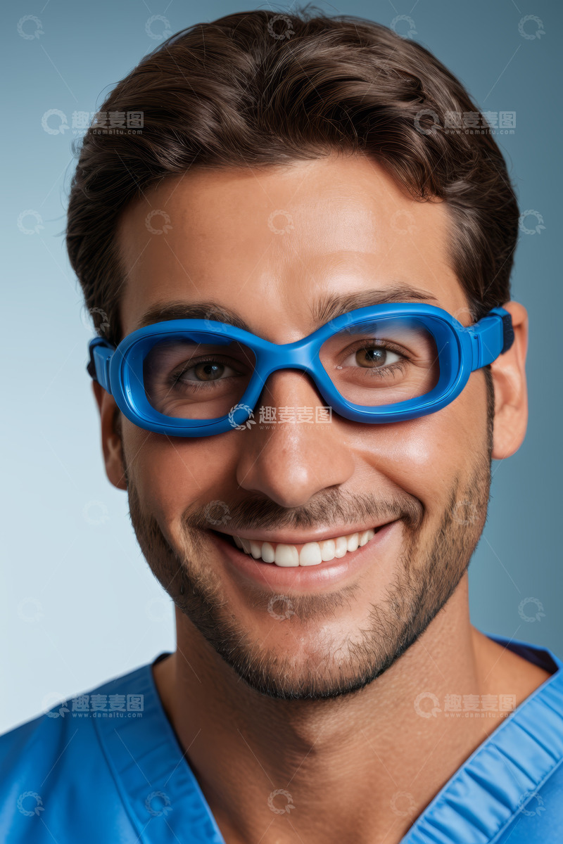 高清大图下载【趣麦麦图】戴蓝色护目镜微笑的男士