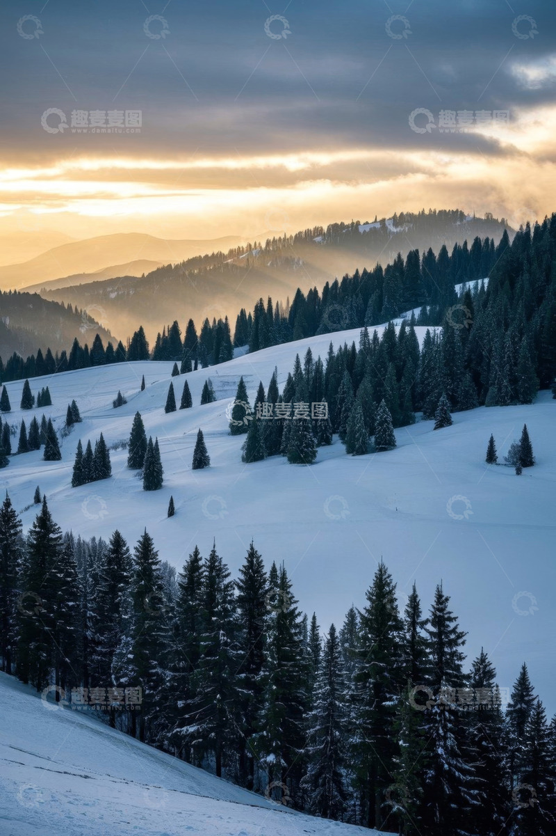 高清大图下载【趣麦麦图】雪山森林黄昏自然风光