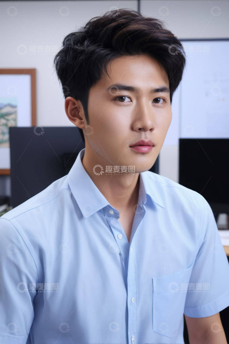 高清大图下载【趣麦麦图】穿浅蓝色衬衫的亚洲男子肖像