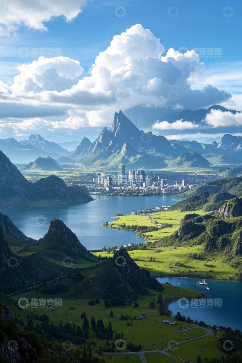 高清大图下载【趣麦麦图】山水间的城市风光远景