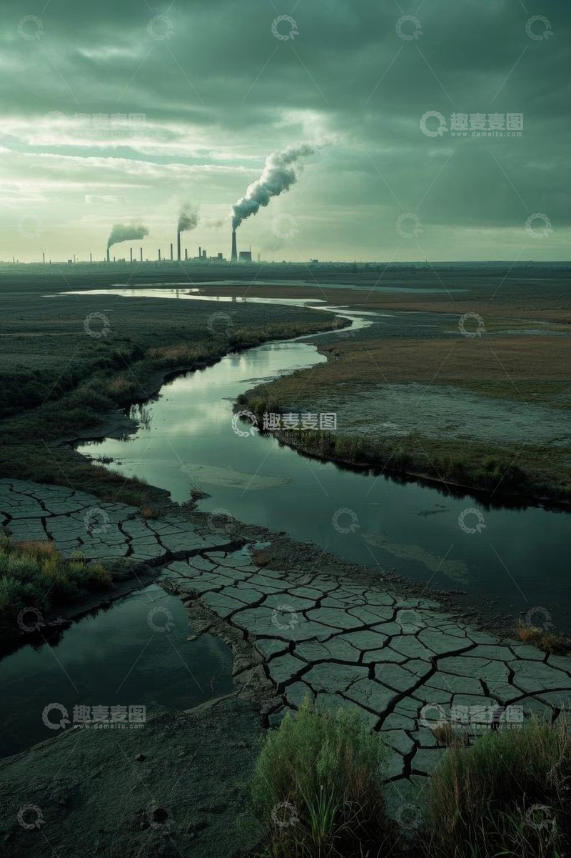 高清大图下载【趣麦麦图】干旱土地旁的工厂远景