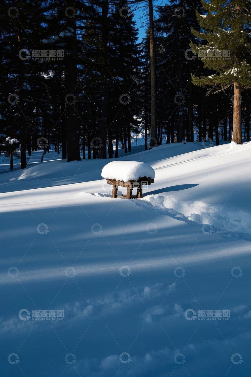 高清大图下载【趣麦麦图】雪地林间被雪覆盖的木凳