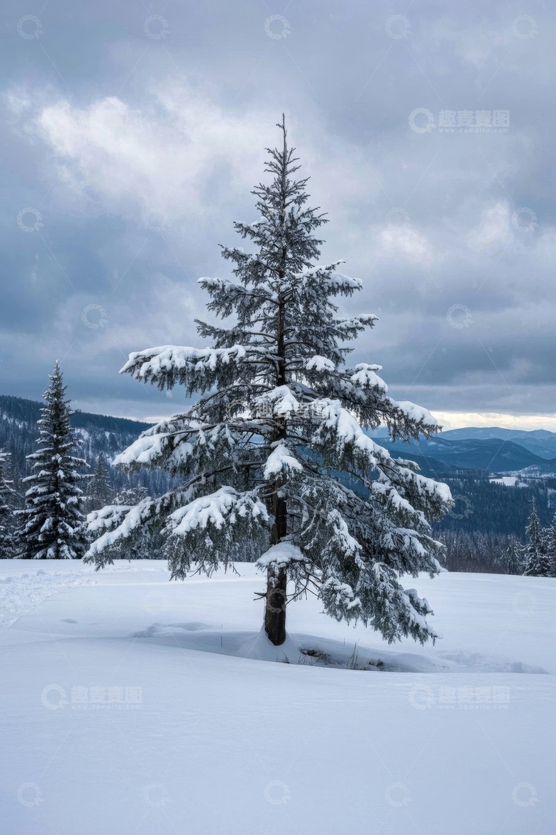 高清大图下载【趣麦麦图】雪覆松树的山地自然风光