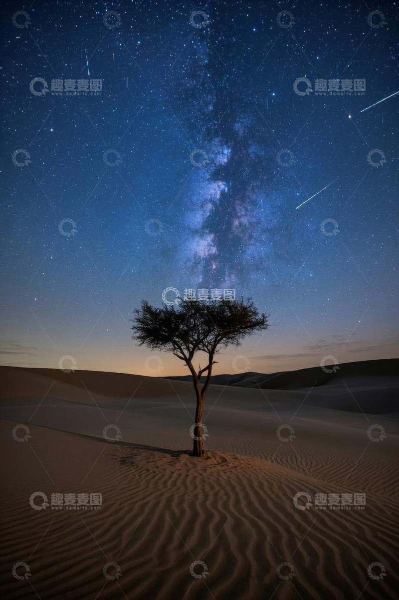 高清大图下载【趣麦麦图】沙漠中孤树与星空景象