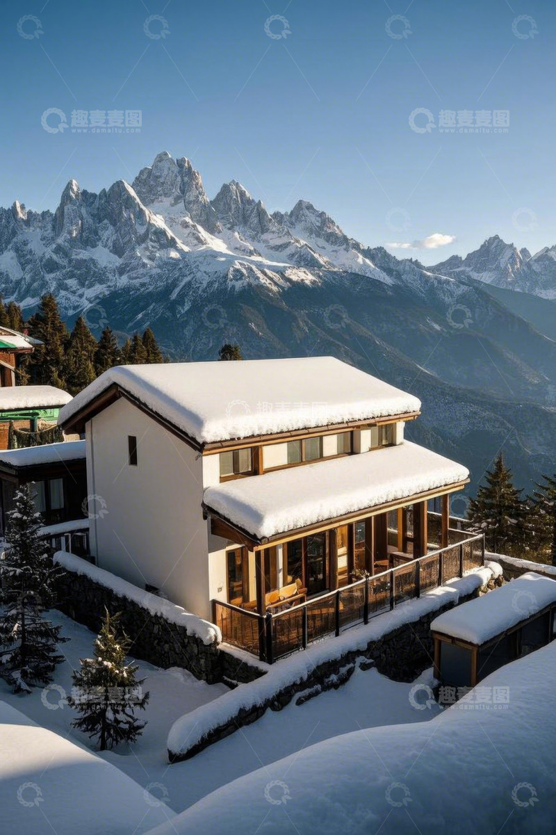 高清大图下载【趣麦麦图】雪山下被积雪覆盖的山间小屋