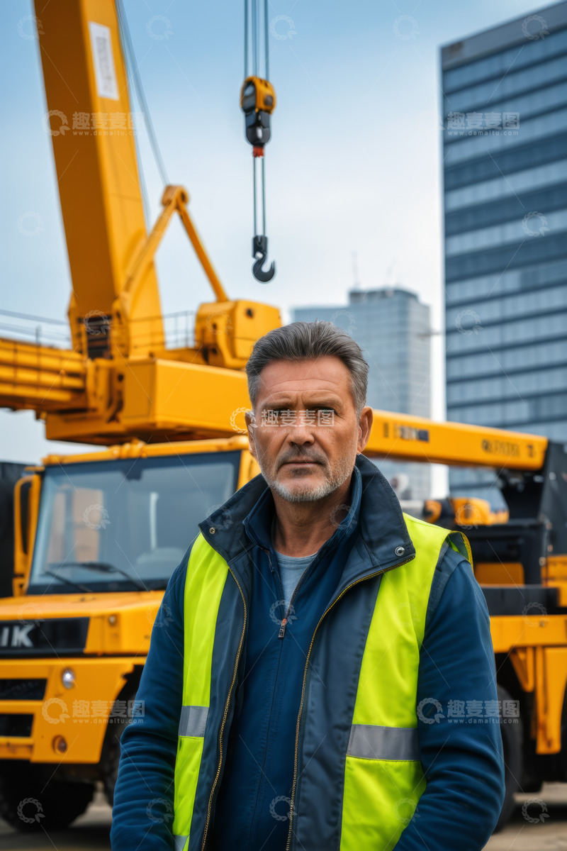 高清大图下载【趣麦麦图】穿反光背心男子与起重机车
