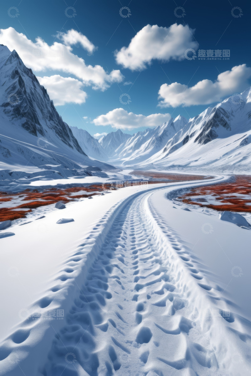 高清大图下载【趣麦麦图】雪山间的雪地车辙风景