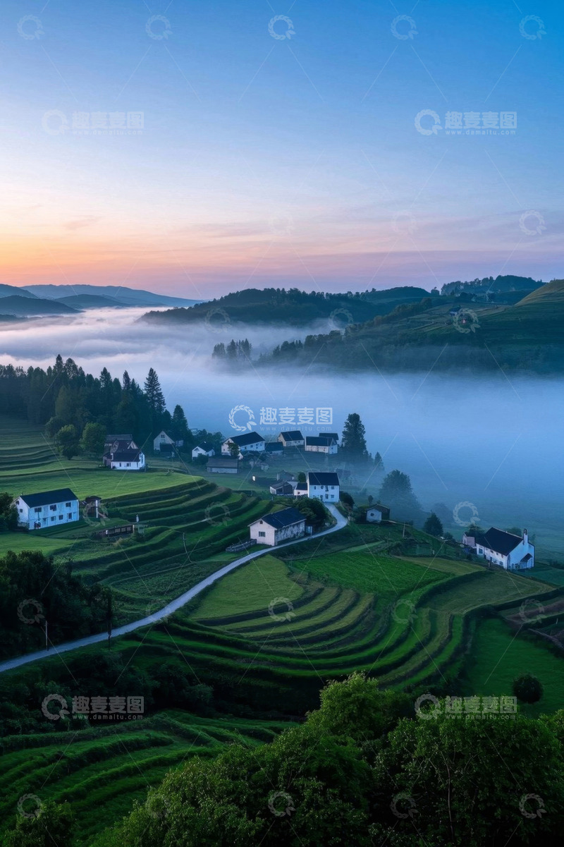 高清大图下载【趣麦麦图】乡村梯田晨景与雾霭