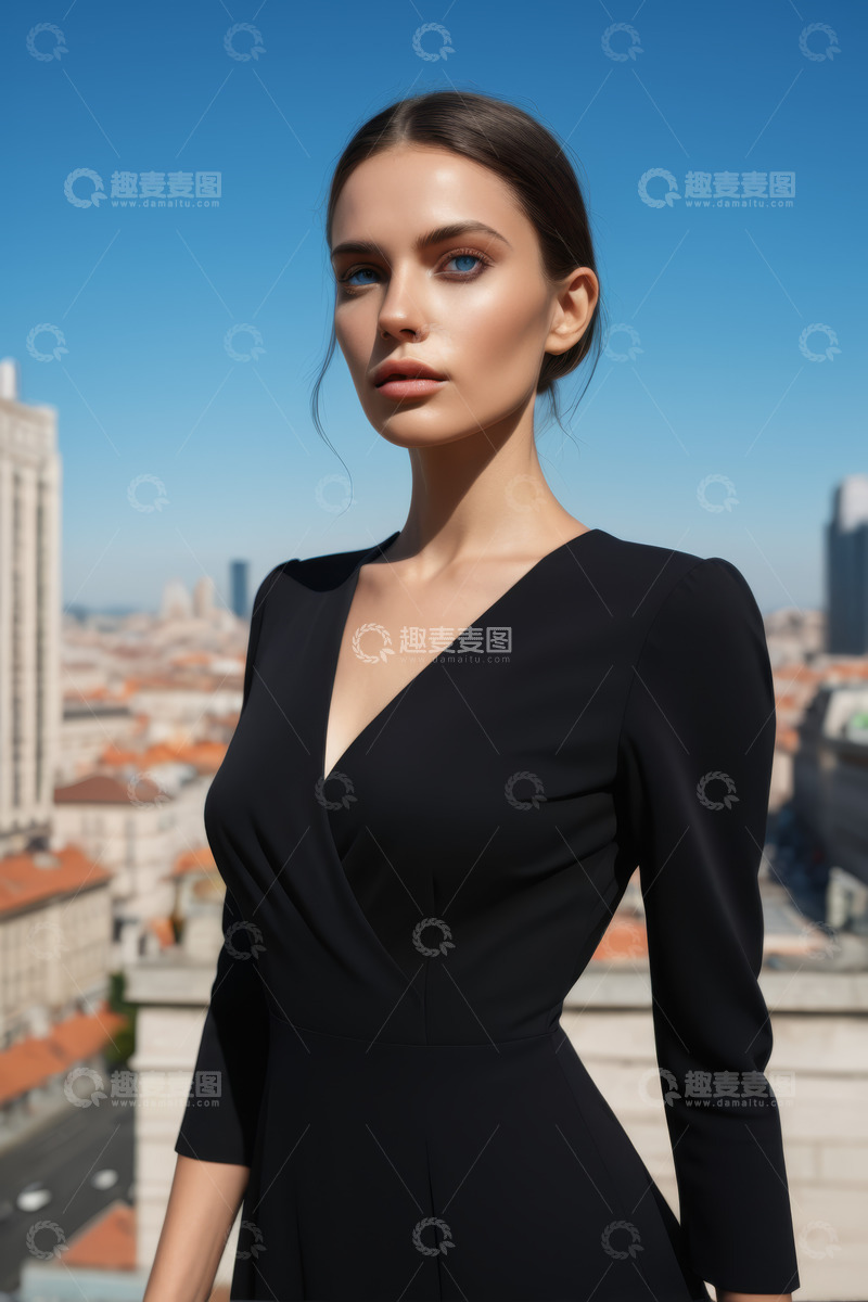 高清大图下载【趣麦麦图】身着黑裙的女子城市背景前特写
