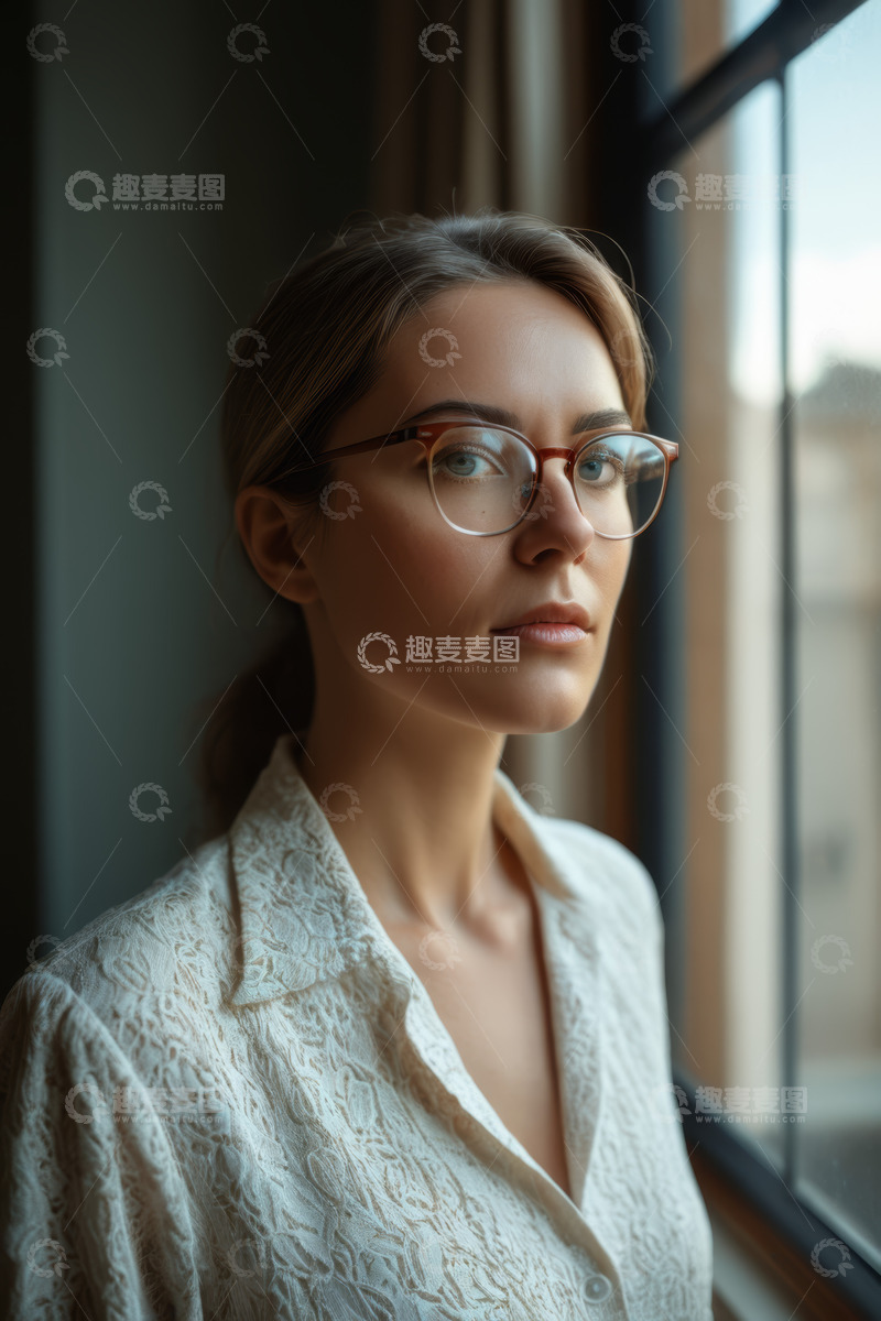 高清大图下载【趣麦麦图】窗边戴眼镜的年轻女性