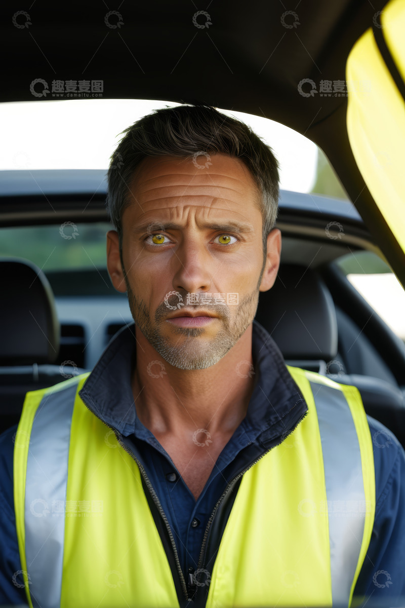 高清大图下载【趣麦麦图】穿反光背心男性坐于车内