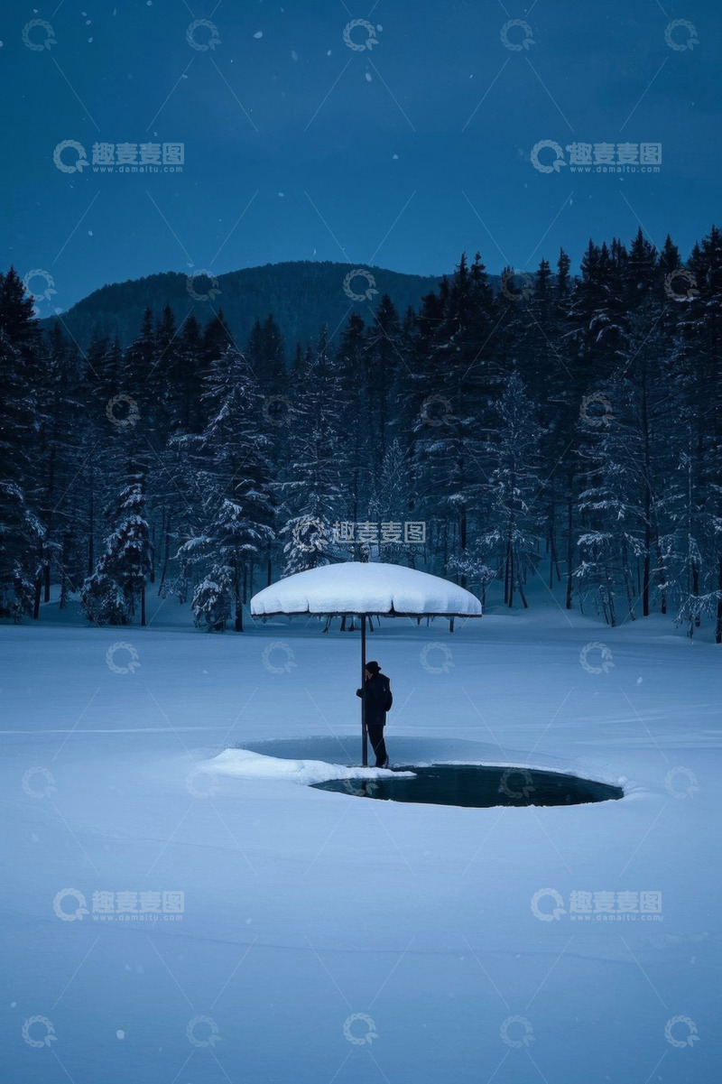 高清大图下载【趣麦麦图】雪地中撑伞站立的人