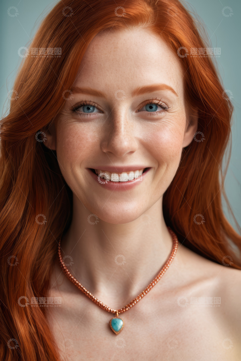 高清大图下载【趣麦麦图】红发女子佩戴项链微笑特写