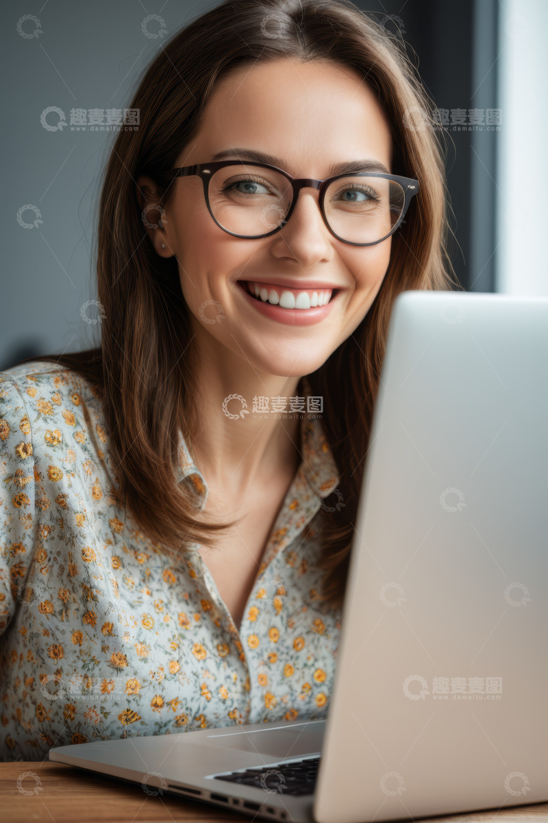 高清大图下载【趣麦麦图】微笑女性使用笔记本电脑