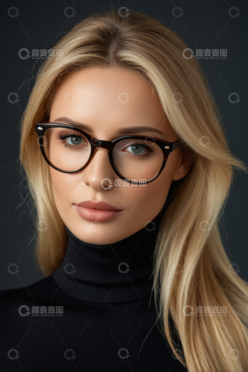 高清大图下载【趣麦麦图】戴眼镜金发女子肖像特写