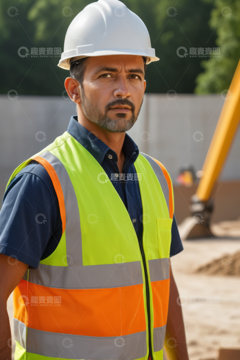 高清大图下载【趣麦麦图】工地工人穿反光背心戴头盔