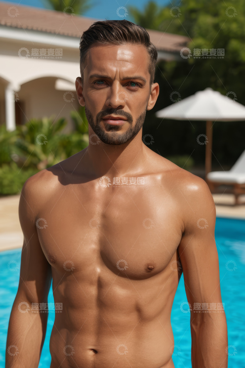 高清大图下载【趣麦麦图】泳池边健硕男子半身像