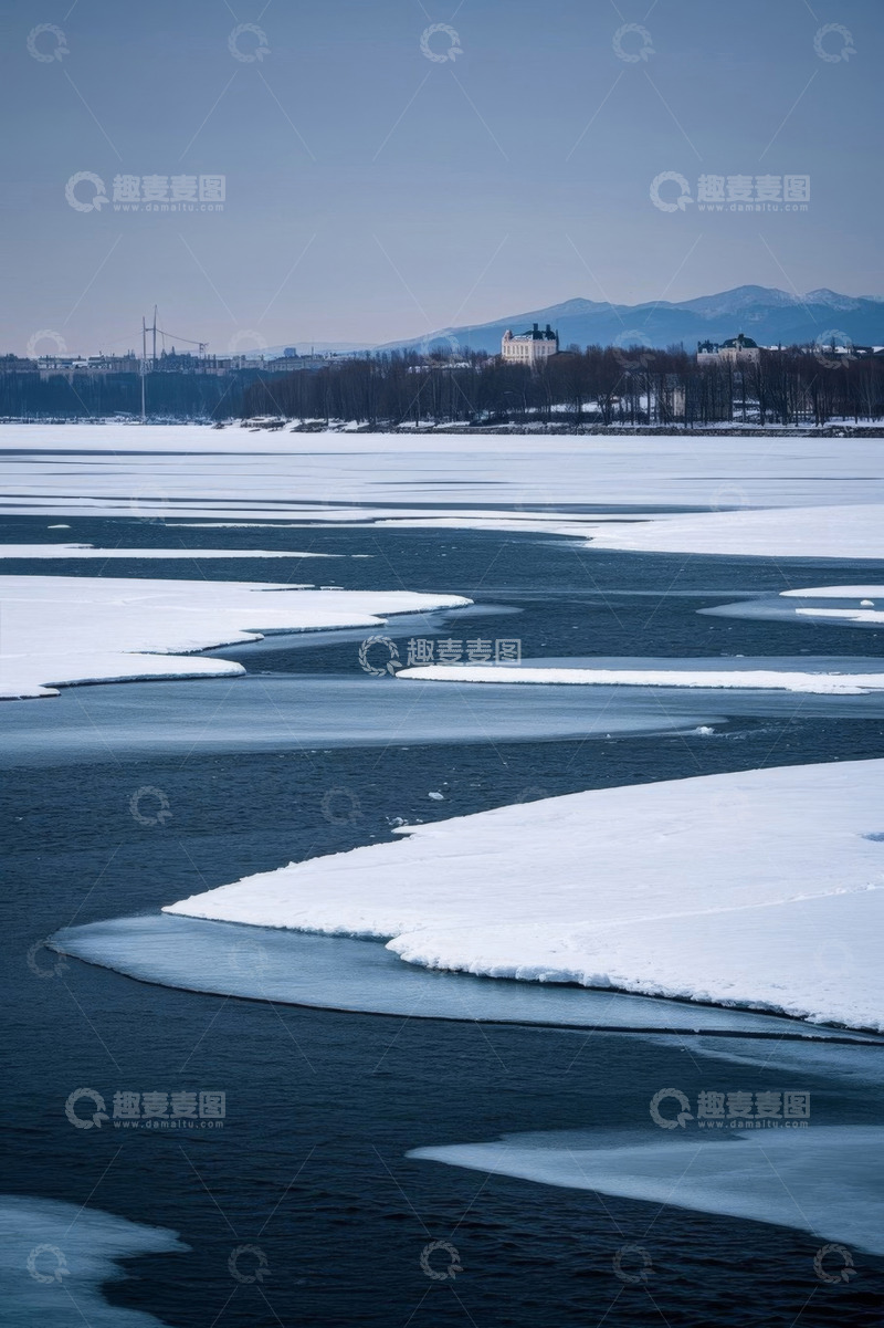 高清大图下载【趣麦麦图】冬季河面上漂浮的冰块景观