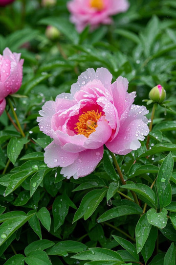 带水珠的粉色牡丹花特写