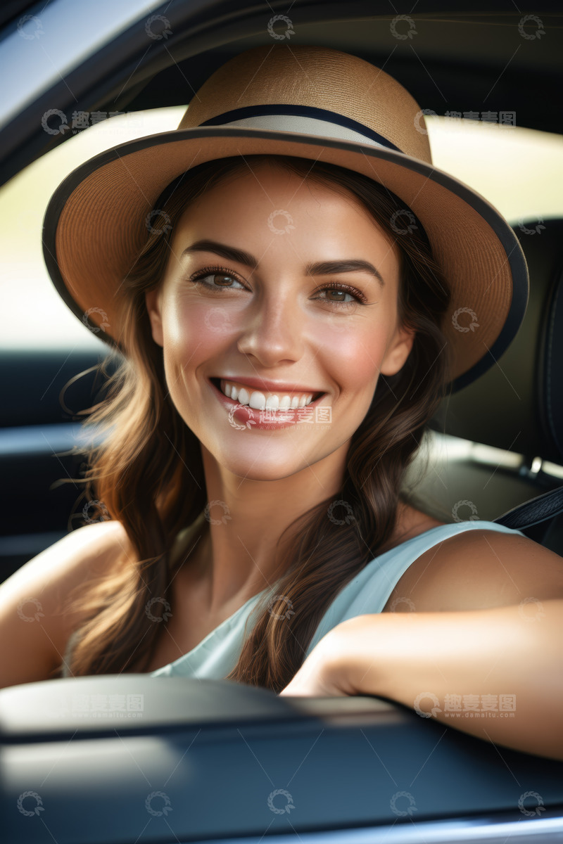 高清大图下载【趣麦麦图】车内微笑的女子
