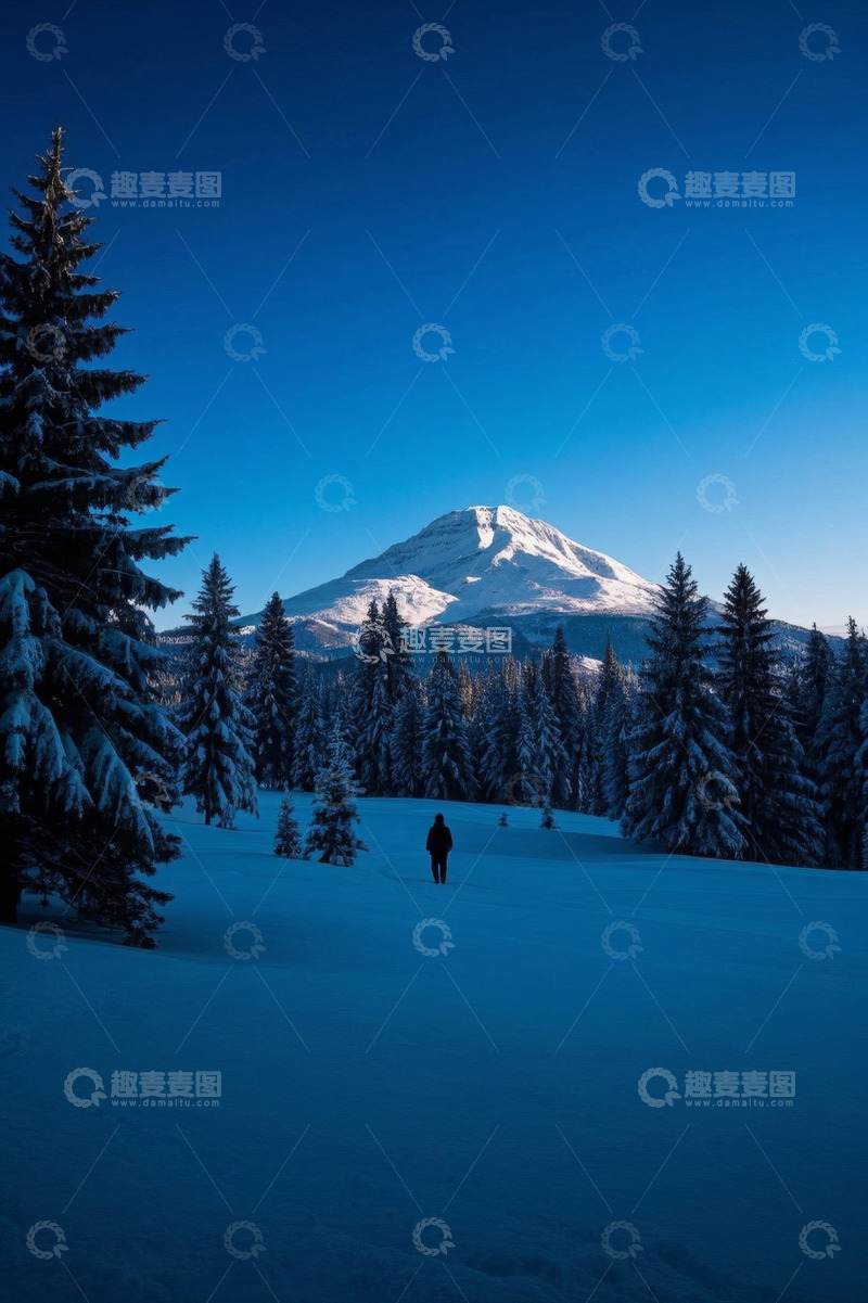 高清大图下载【趣麦麦图】雪中山林一人徒步景象