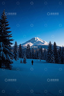 雪中山林一人徒步景象