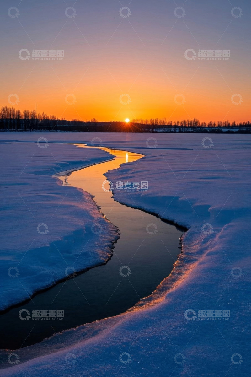 高清大图下载【趣麦麦图】冬日夕阳下的河流冰雪景观