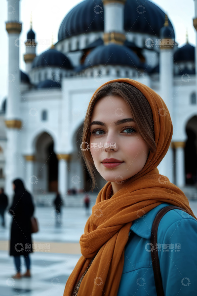 高清大图下载【趣麦麦图】戴头巾女子于清真寺前留影