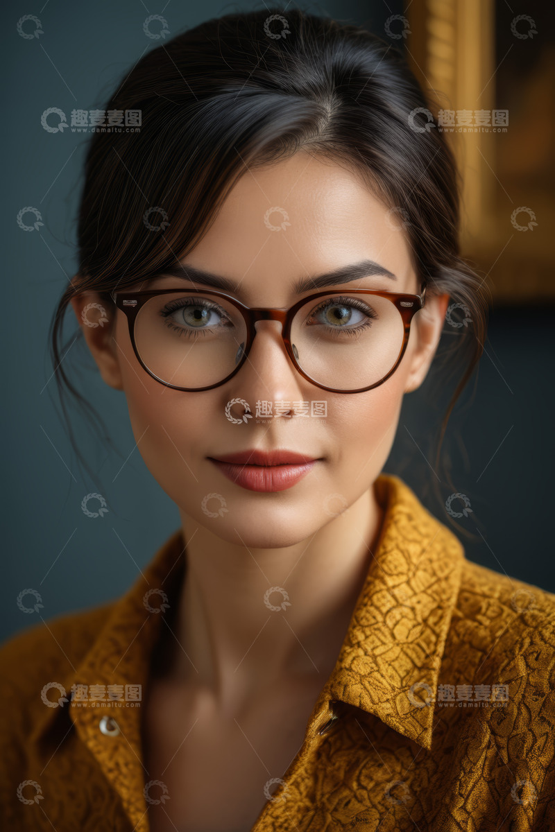 高清大图下载【趣麦麦图】戴眼镜年轻女子肖像特写