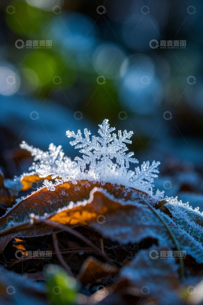 高清大图下载【趣麦麦图】霜叶上的雪花微距特写