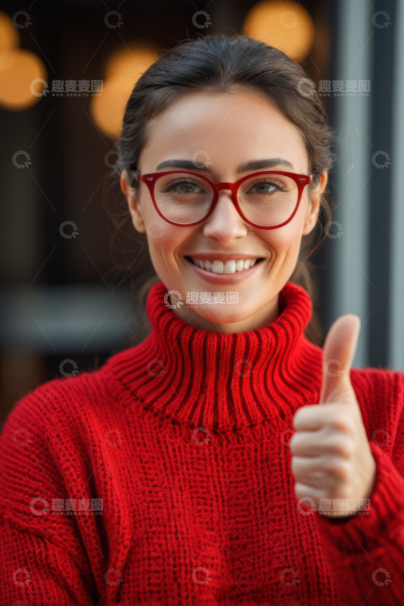 高清大图下载【趣麦麦图】红衣女子微笑竖大拇指肖像