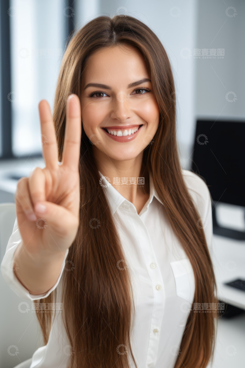 高清大图下载【趣麦麦图】商务女性办公室比耶微笑