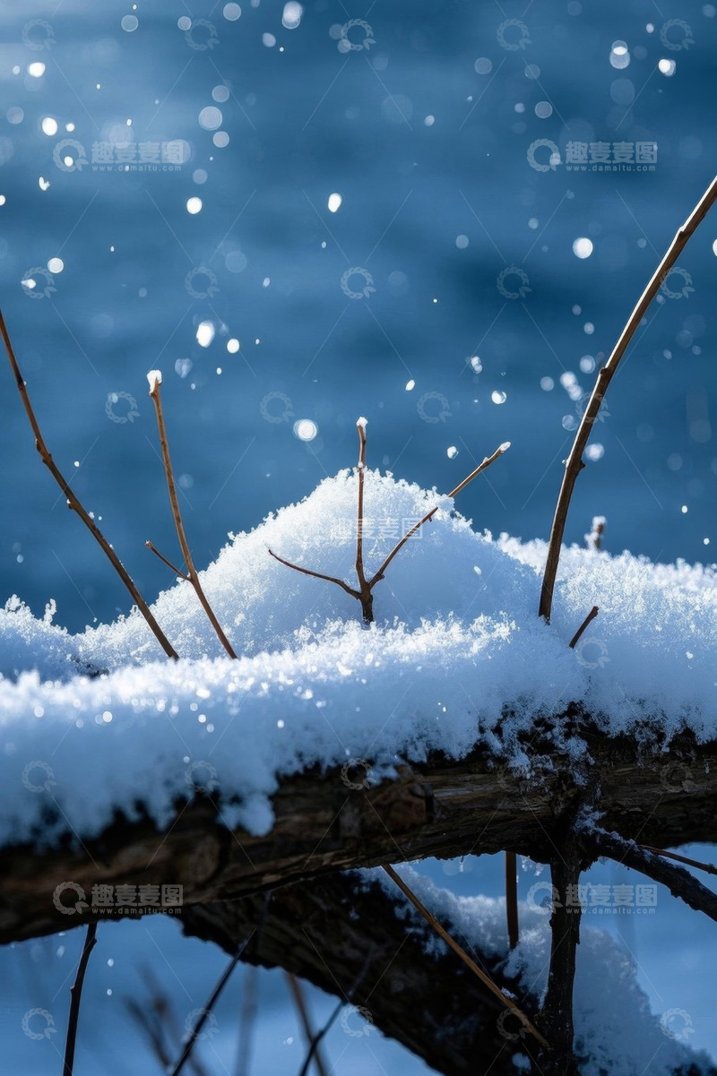 高清大图下载【趣麦麦图】覆雪树枝与飘落雪花景象