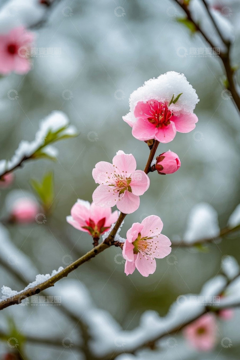 高清大图下载【趣麦麦图】枝头覆雪的粉色桃花