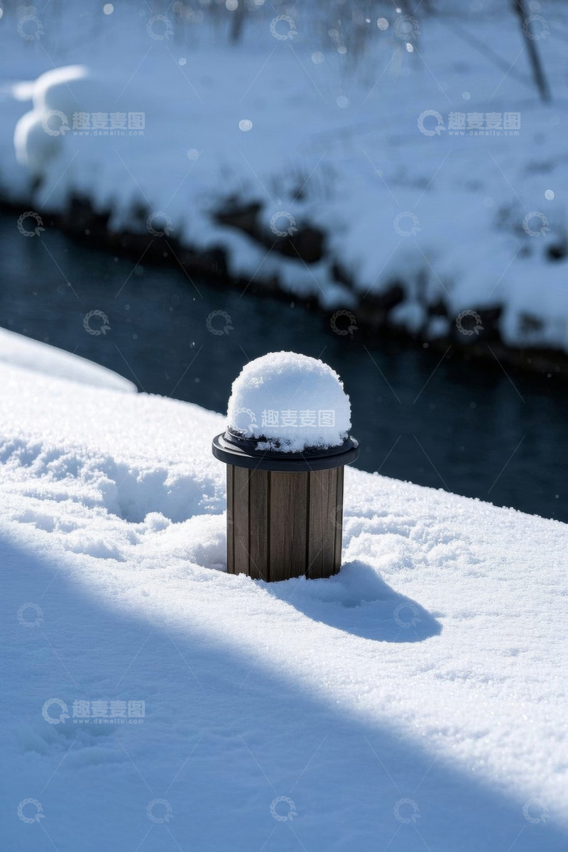 高清大图下载【趣麦麦图】积雪覆盖的户外木质灯柱