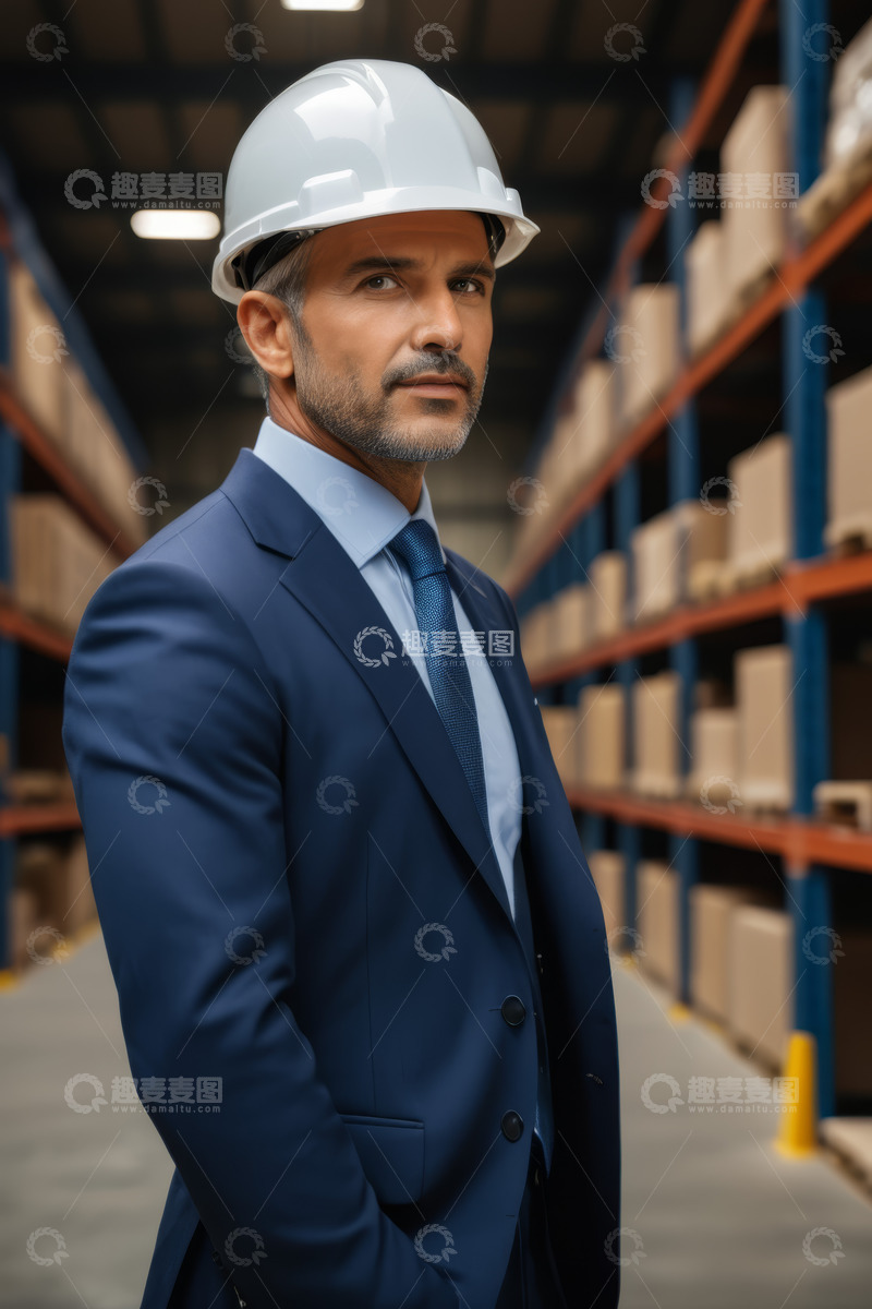 高清大图下载【趣麦麦图】仓库中穿西装戴安全帽的男子