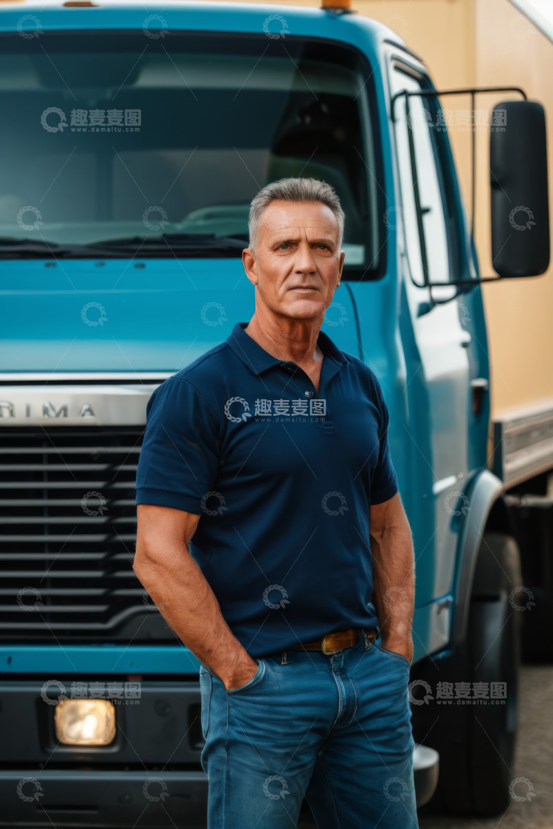 高清大图下载【趣麦麦图】中年男子立于蓝色卡车前