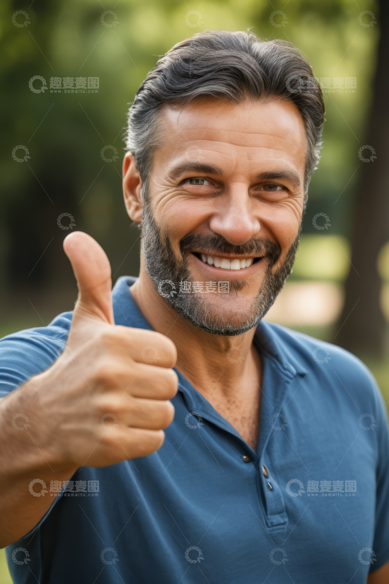 高清大图下载【趣麦麦图】微笑男人户外竖大拇指