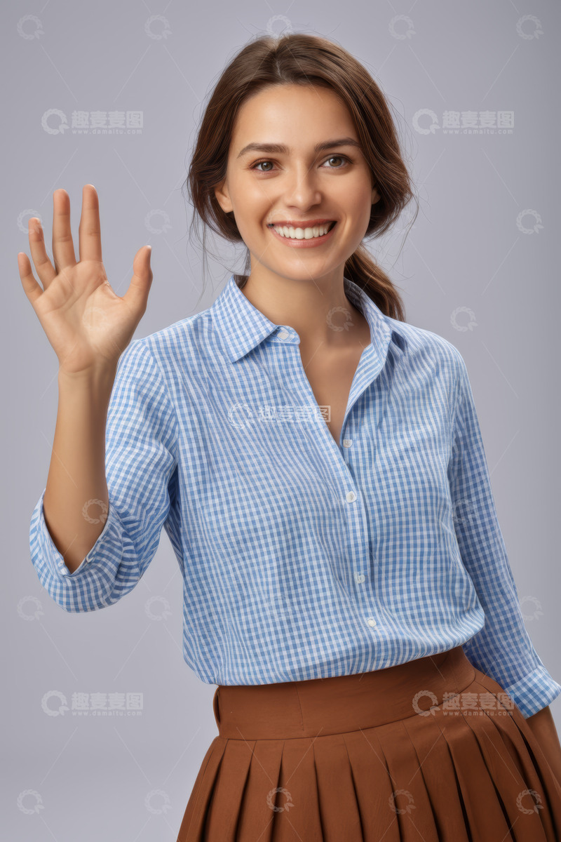 高清大图下载【趣麦麦图】微笑女子挥手示意画面素材
