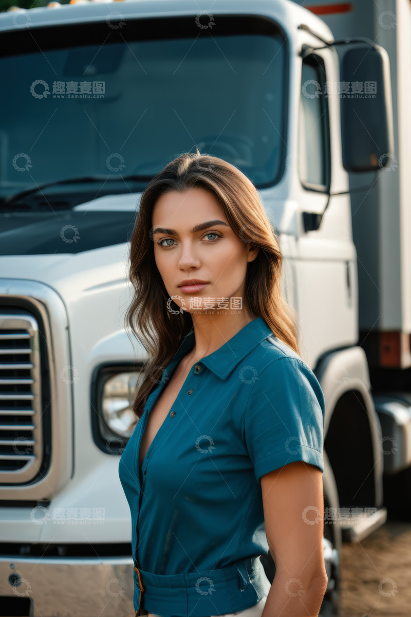 高清大图下载【趣麦麦图】年轻女子站在卡车前的肖像