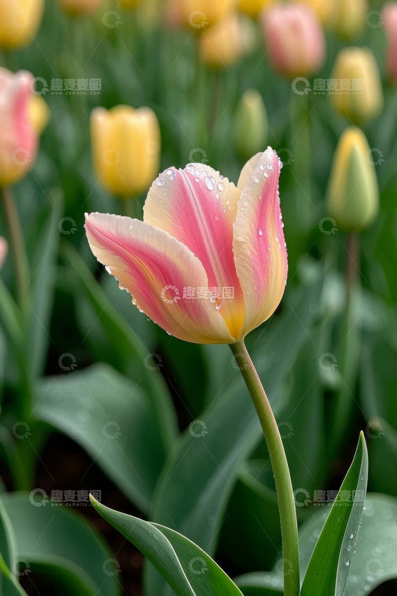 高清大图下载【趣麦麦图】带水珠的粉色黄色郁金香
