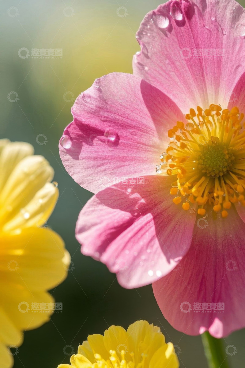 高清大图下载【趣麦麦图】带水珠的粉色黄色花朵特写