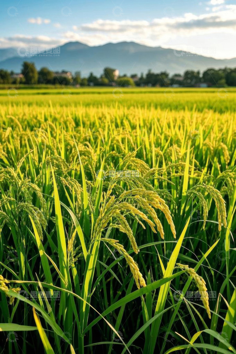 高清大图下载【趣麦麦图】金色稻田与远山自然景观