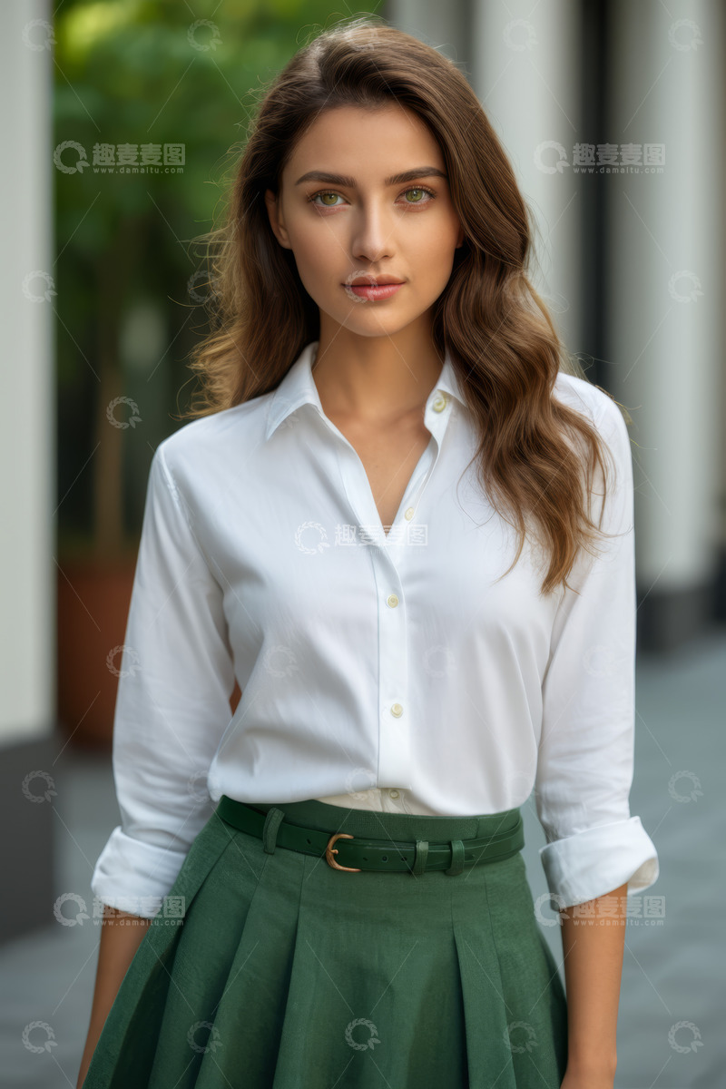 高清大图下载【趣麦麦图】穿白衬衫绿裙子的女子肖像