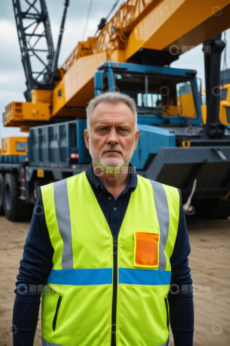 高清大图下载【趣麦麦图】穿反光背心工人与起重机械