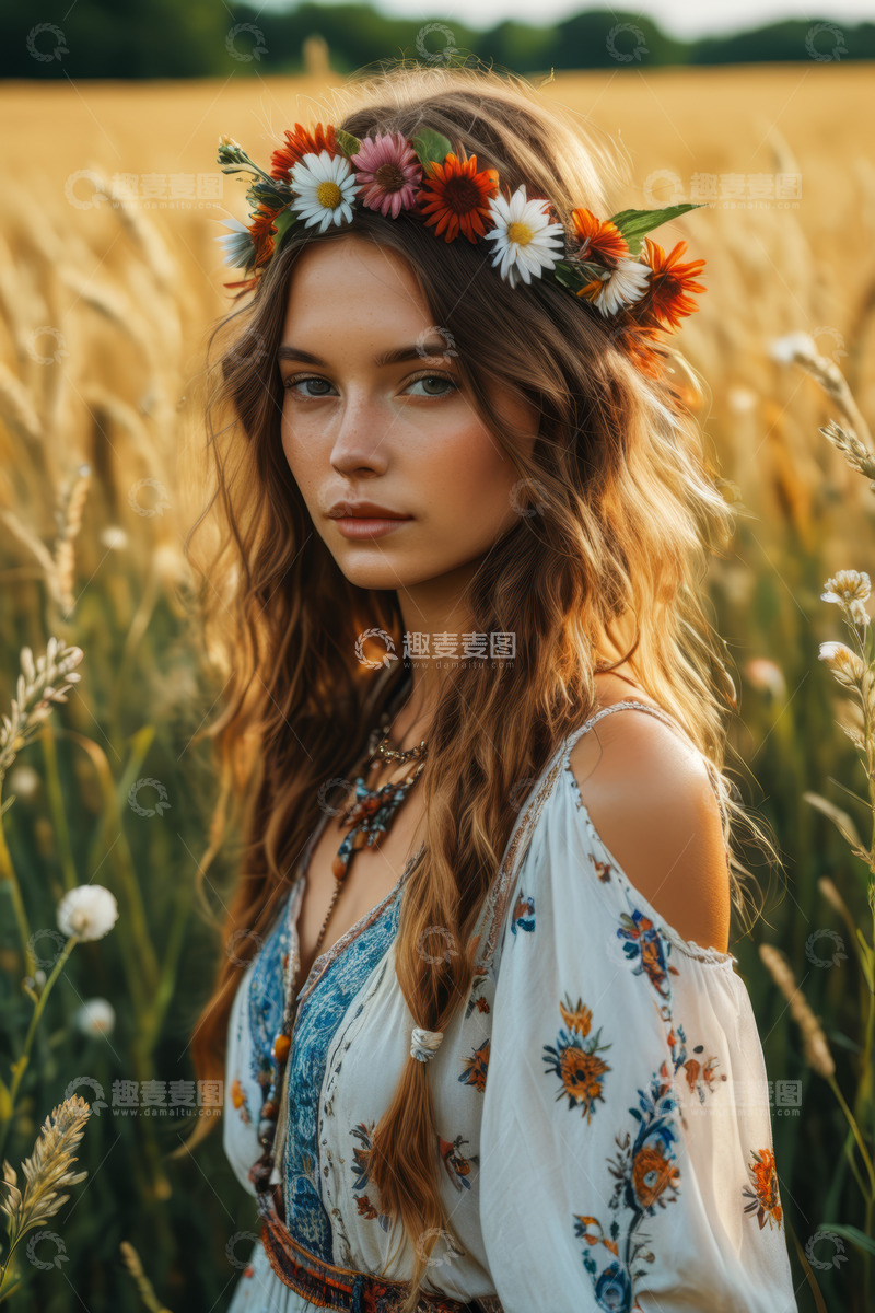 高清大图下载【趣麦麦图】田野中戴花环的女孩肖像